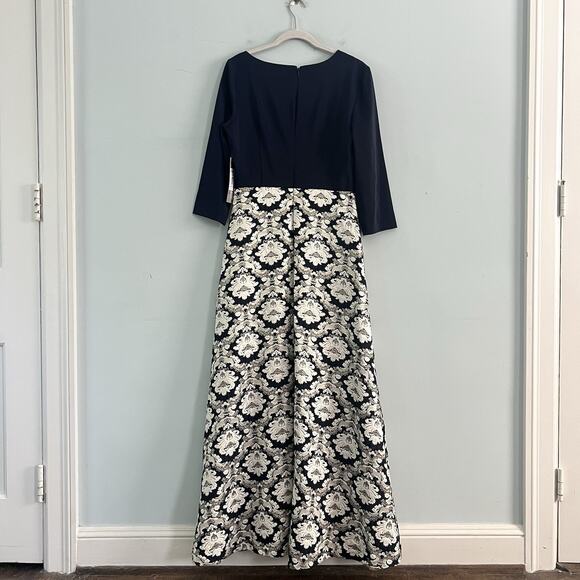 NWT Kay Unger Izabella Asymmetrical Neck Jacquard Navy Multi Ball Gown - Picture 4 of 8